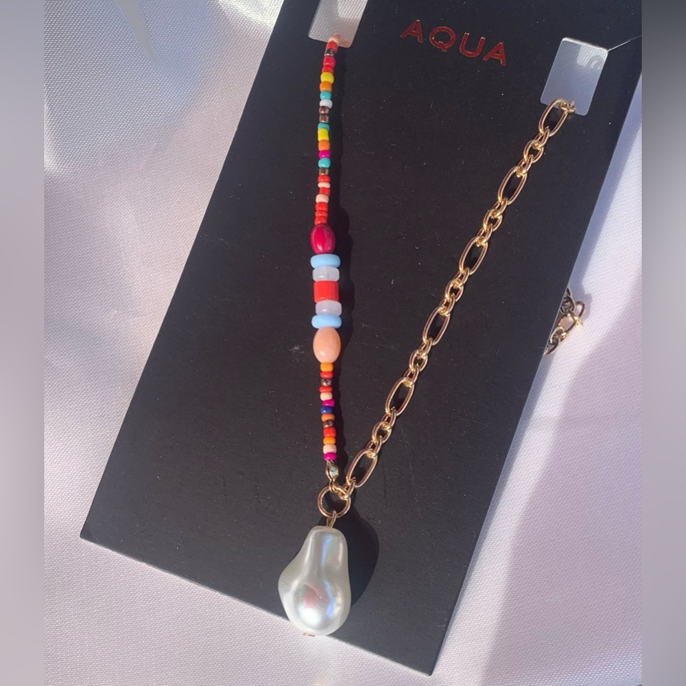 Aqua Gold Chain with Multicolor Beads and Pearl Pendant
